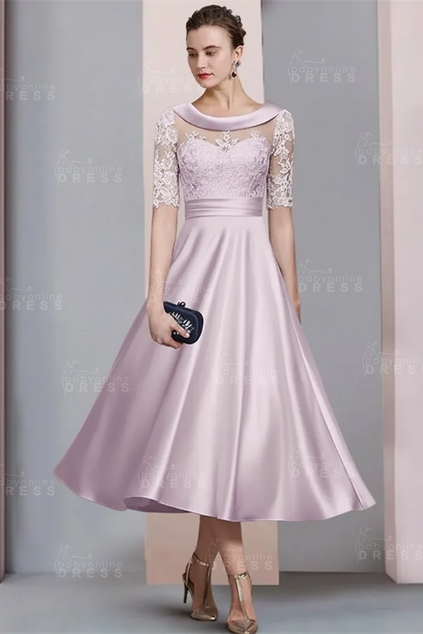 Elegant Ivory Jewel Lace Beading A-Line Tea Length Satin Wedding Guest Dress Formal Mother Dress