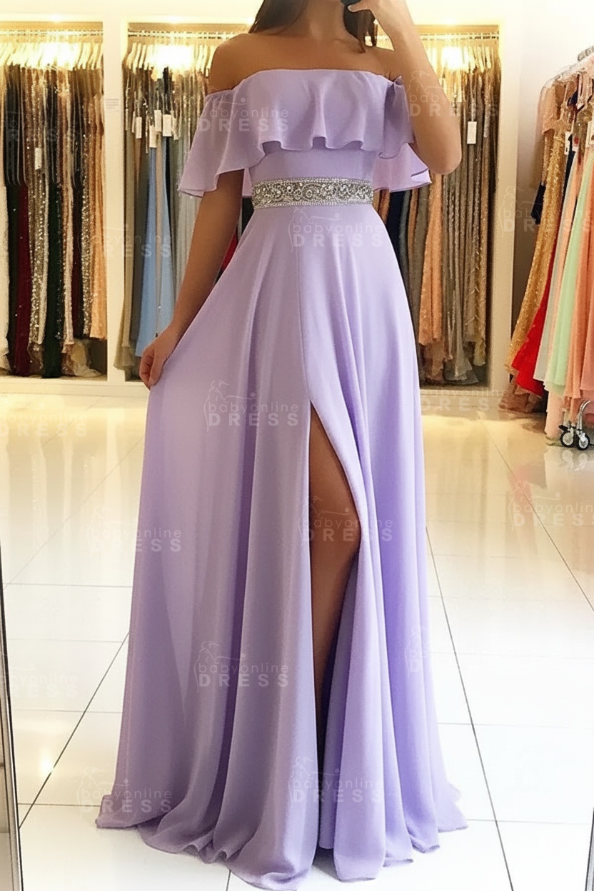 Sky Blue Off The Shoulder Evening Dresses Sexy | Chiffon Side Slit Prom Dress with Crystals Belt
