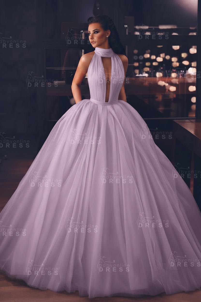 Sexy High-Neck Sleeveless Ball Gown Evening Dress with Pockets