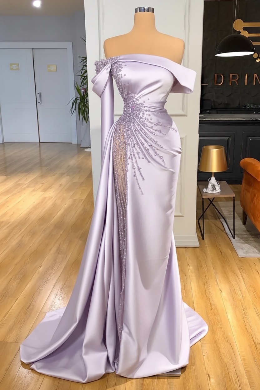 Off-the-Shoulder Satin Floor Length Prom Dress with Side Slit