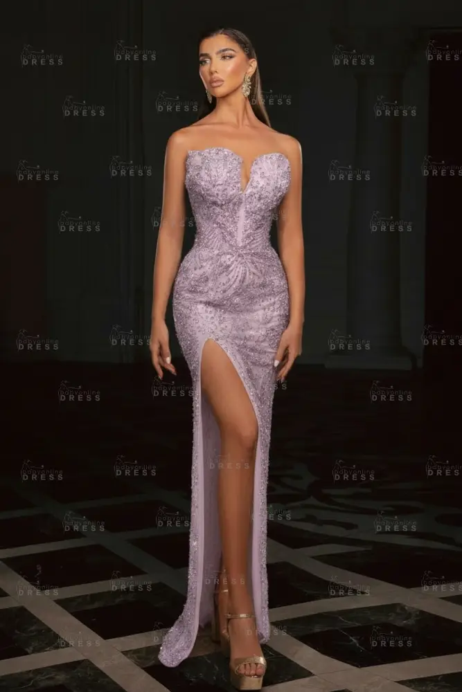 Gold Strapless Sequins Beading Split Front Column Prom Dresses