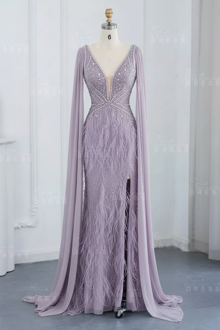 Glamorous V-Neck Fur Beadings Front Slit Mermaid Evening Gowns with Tulle with Cape Sleeves Wedding Party Dress