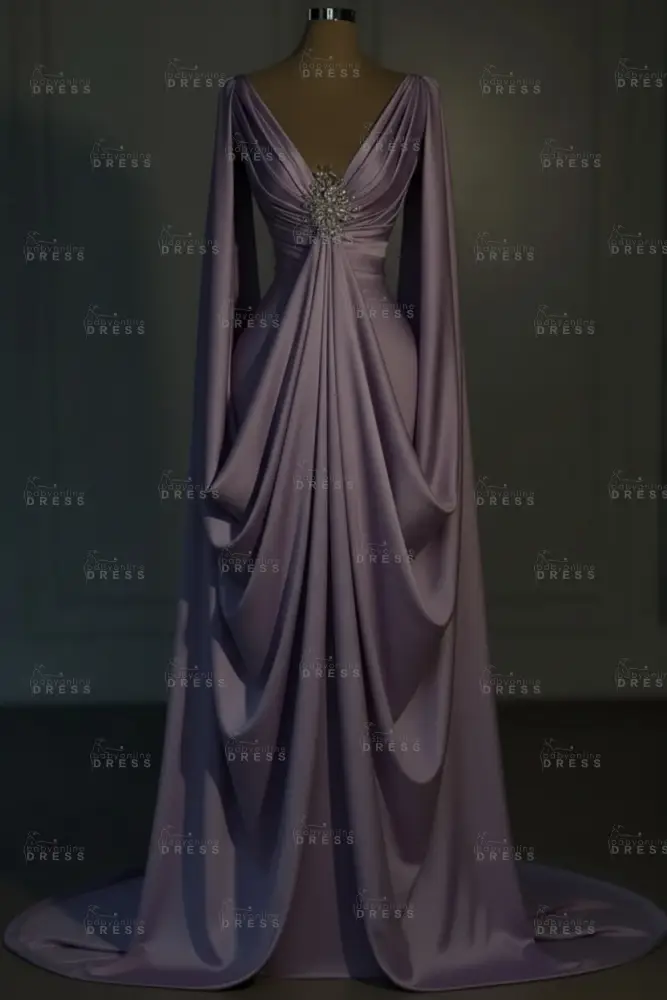 Long sleeves V-neck Satin Ruffles Mermaid Prom Dresses Floor-Length