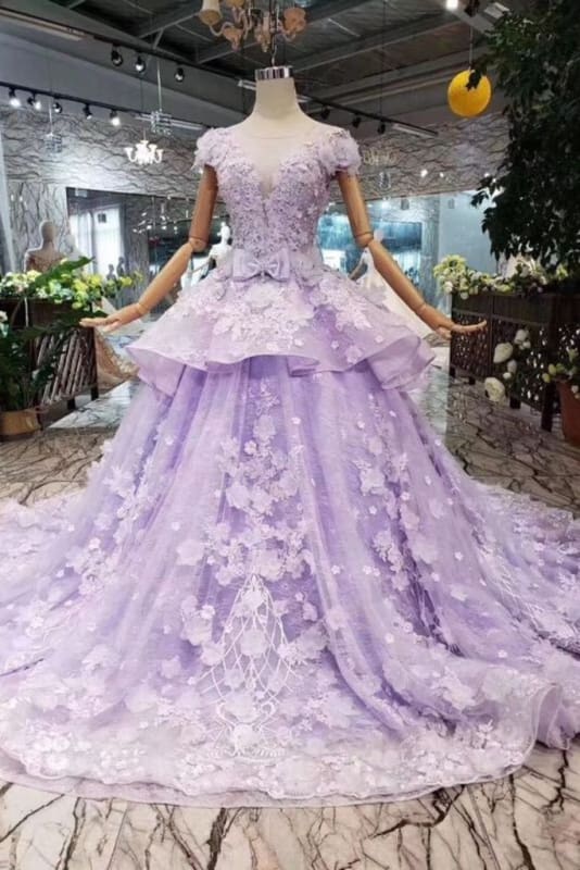 Lilac Ball Gown Short Sleeve Prom Dresses with Long Train Gorgeous Quinceanera Dress - Prom Dresses