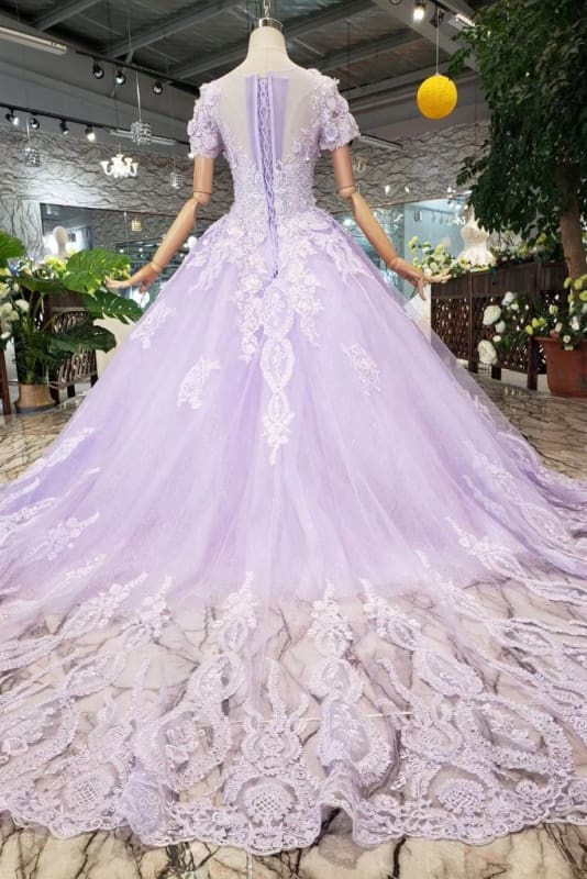 Lilac Ball Gown Short Sleeves Prom Dresses with Sheer Neck Gorgeous Quinceanera Dress - Prom Dresses