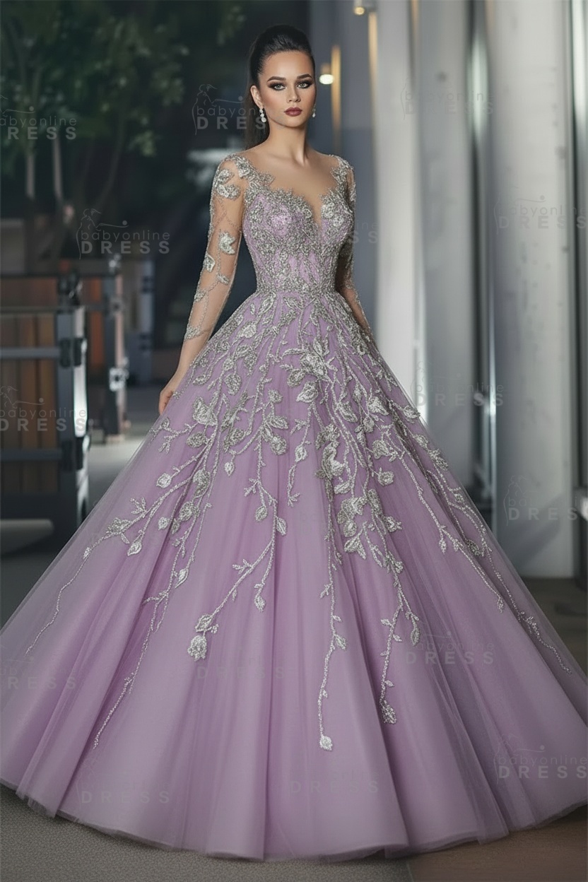 Stunning Illusion Long Sleeve Sexy Evening Gowns | A-line Lace Appliques Tulle Prom Dress
