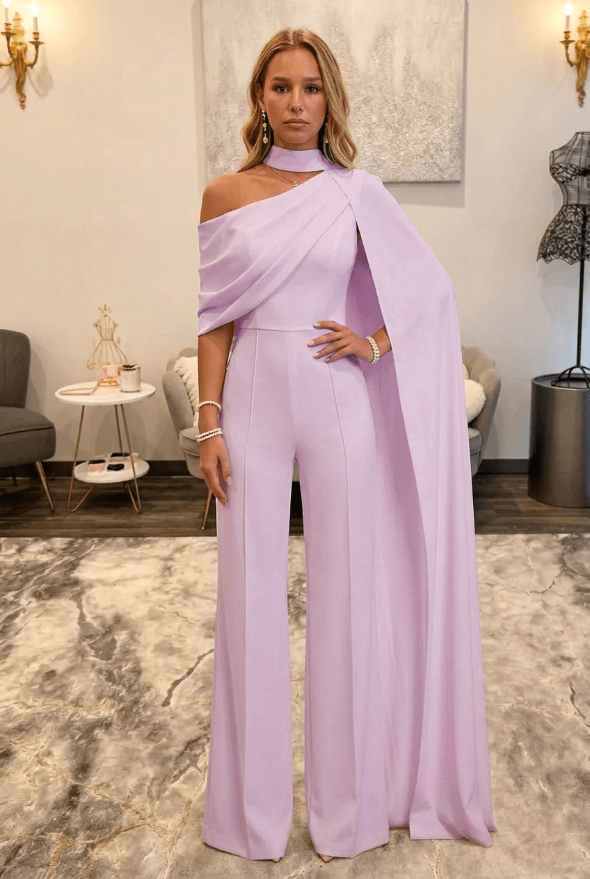 Lilac Asymmetric Neck One-Shoulder Bridal Formal Jumpsuit with Sash