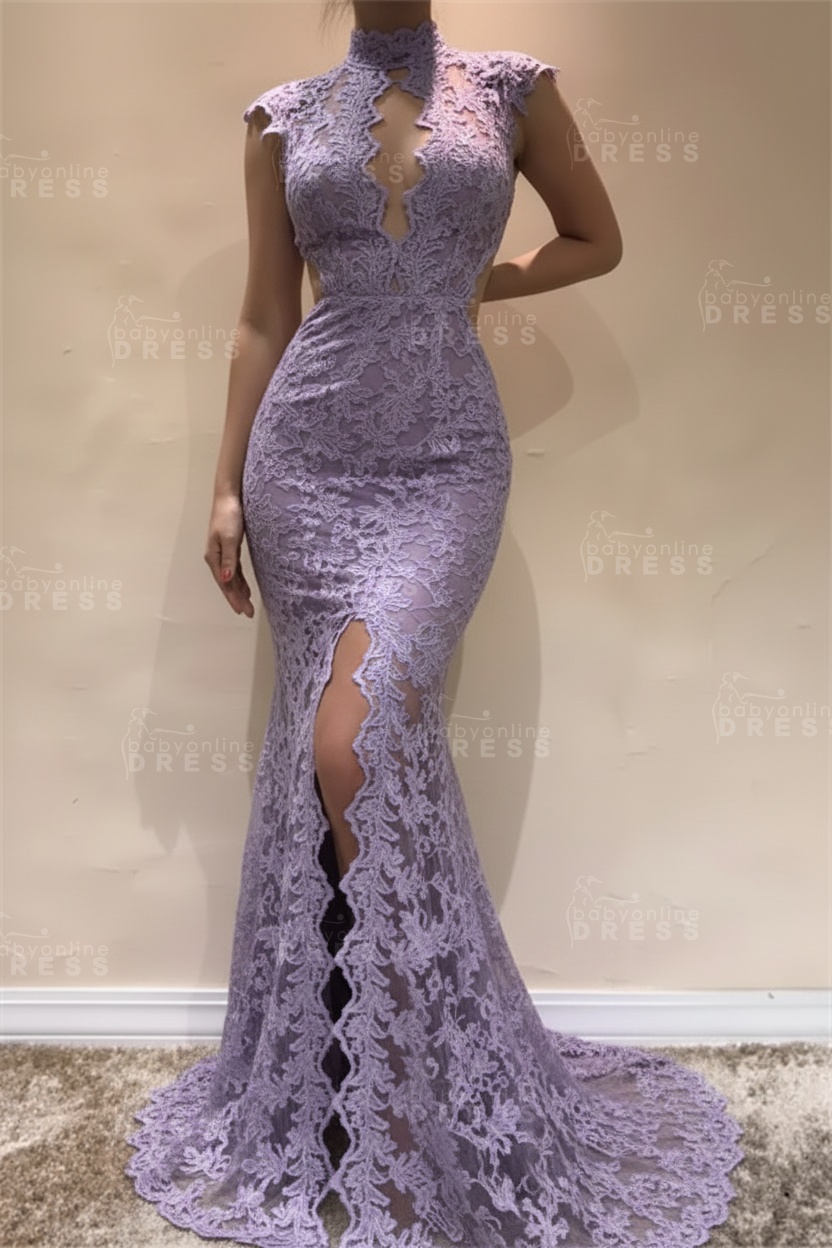 Sleeveless Front Split Evening Dresses | Black High Neck Lace Sexy Prom Dresses