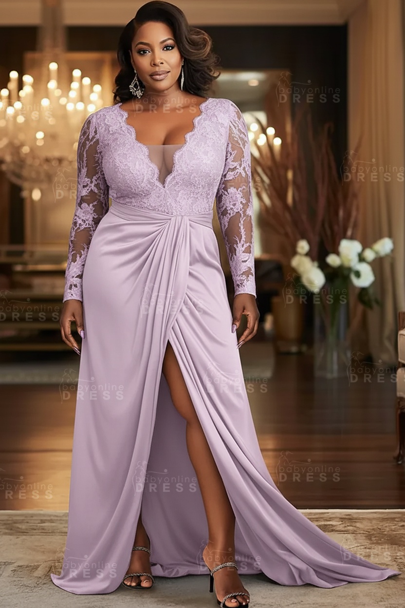 V-neck Appliques Lace Long Sleeve A-Line Prom Dresses with Slit