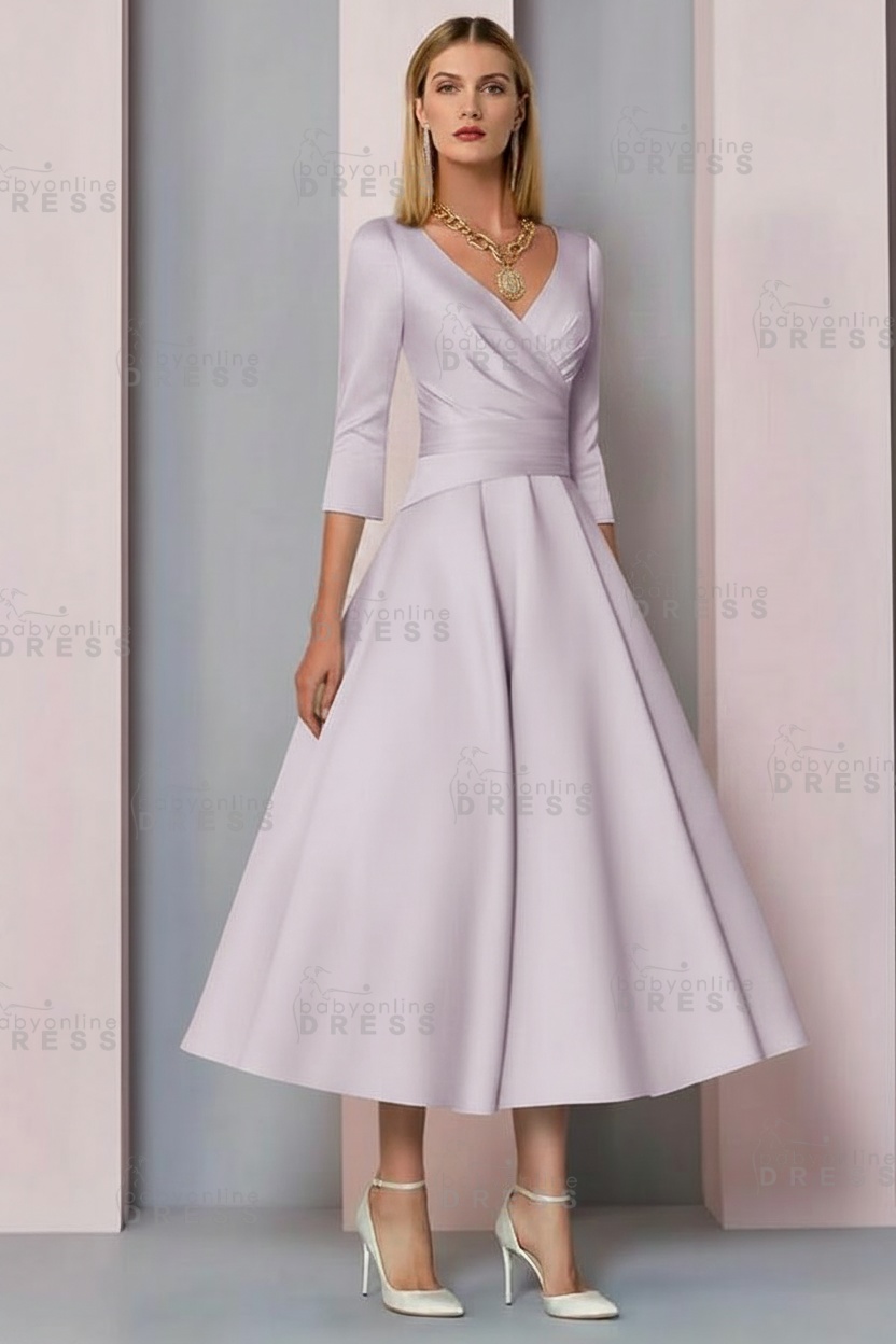 Half Sleeves White Ankle Length Mother of the Bride Dress V-Neck Satin Wedding Guest Dress