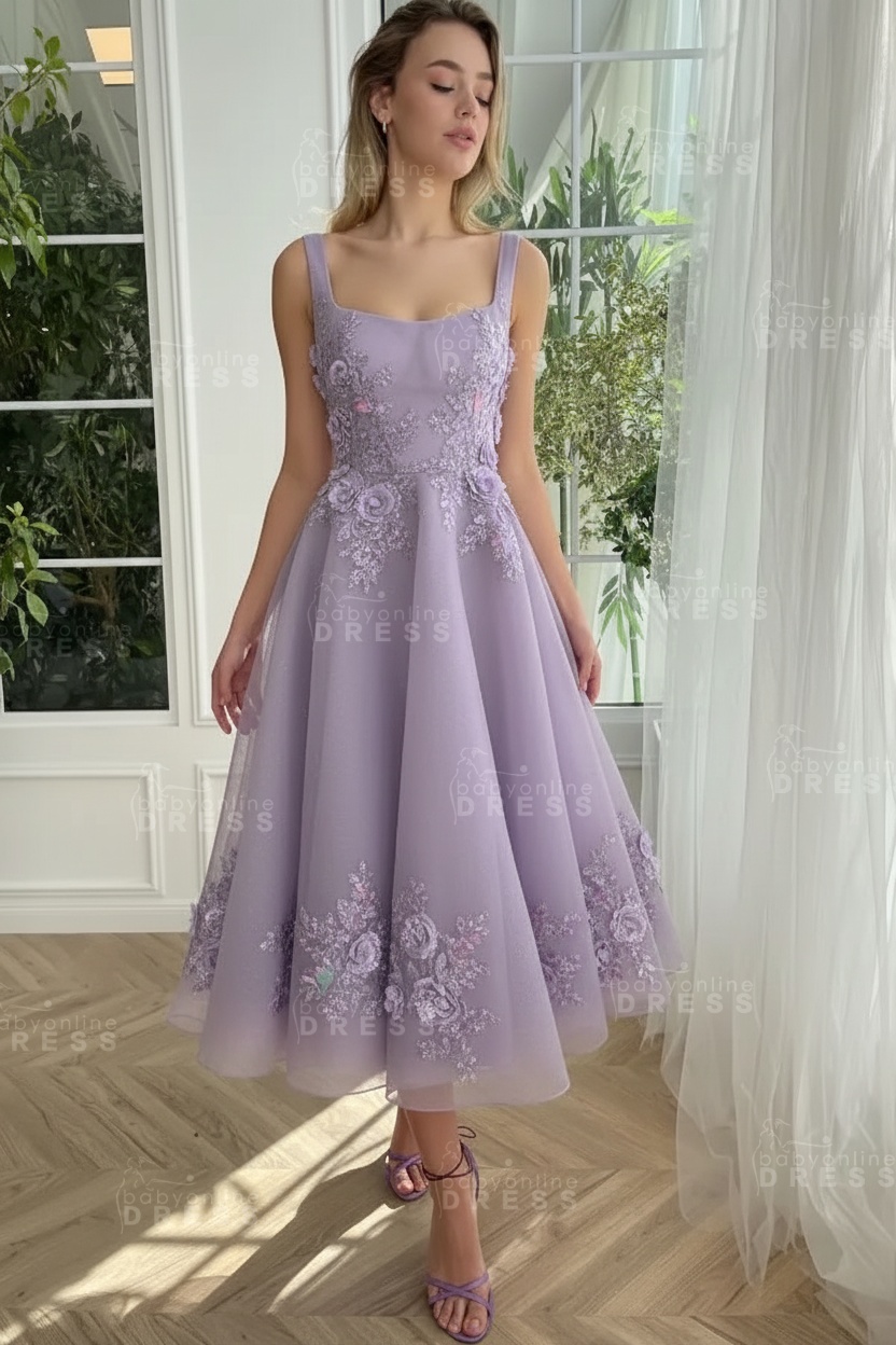Burgundy Ankle length square neck Homecoming Dress Tulle Aline Formal Dress