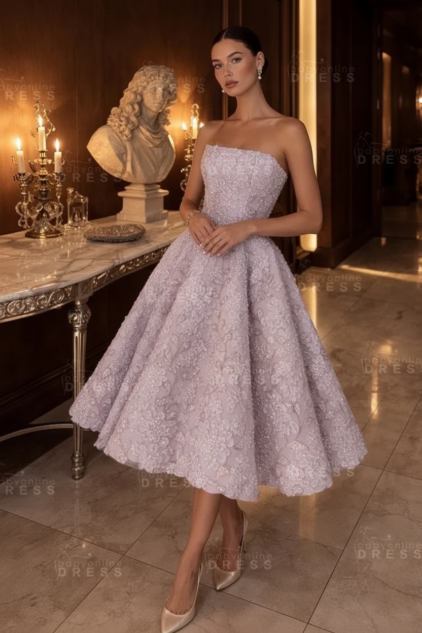 Strapless Yellow Floral A-Line Tea Length Prom Dress with Beadings