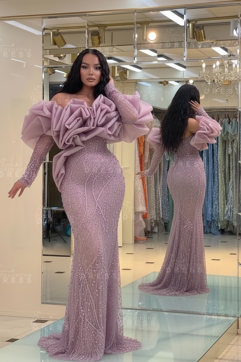 Bubble Sleeves Long Mermaid Prom Dress with Sequins and Beadings