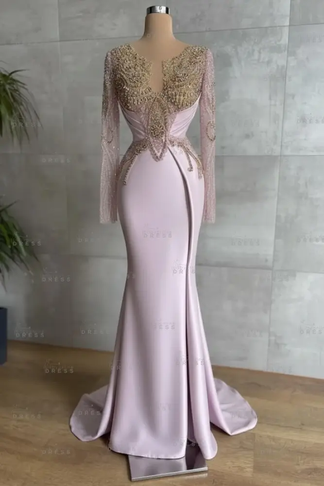 Gold Long sleeves Satin Mermaid V-neck Prom Dresses