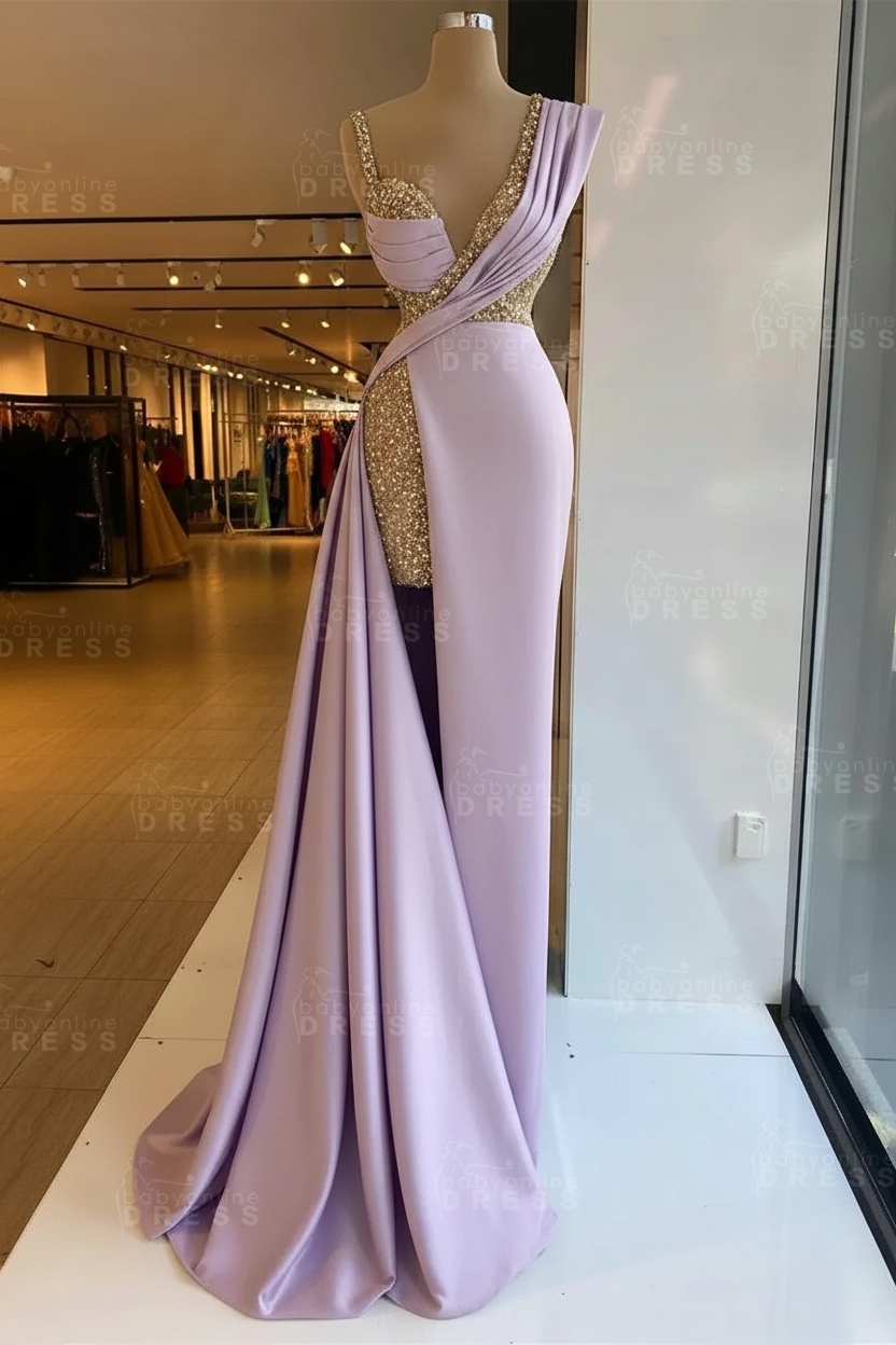 Luxury Satin Prom Dress Sleeveless with Sequins Sleeveless Evening Gown