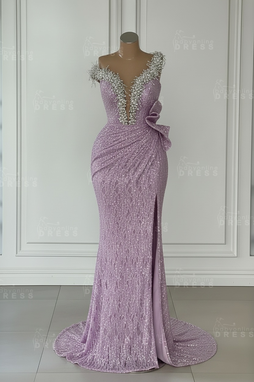 One Shoulder Sequins Sleeveless Long Mermaid Prom Dress