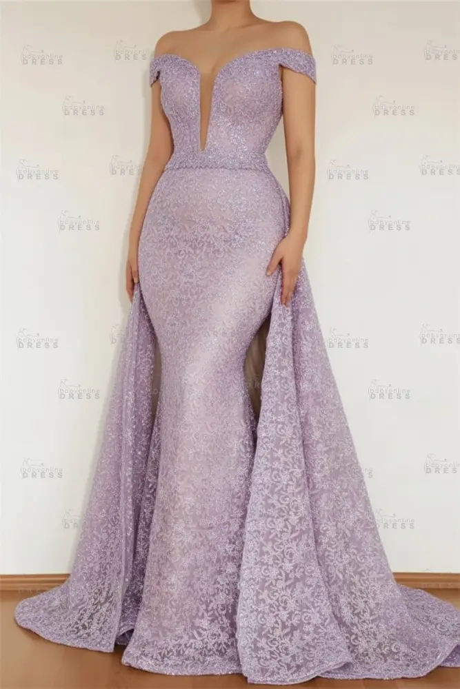 Burgundy Glamorous Mermaid Off The Shoulder Lace Appliques Prom Dress With Detachable Skirt