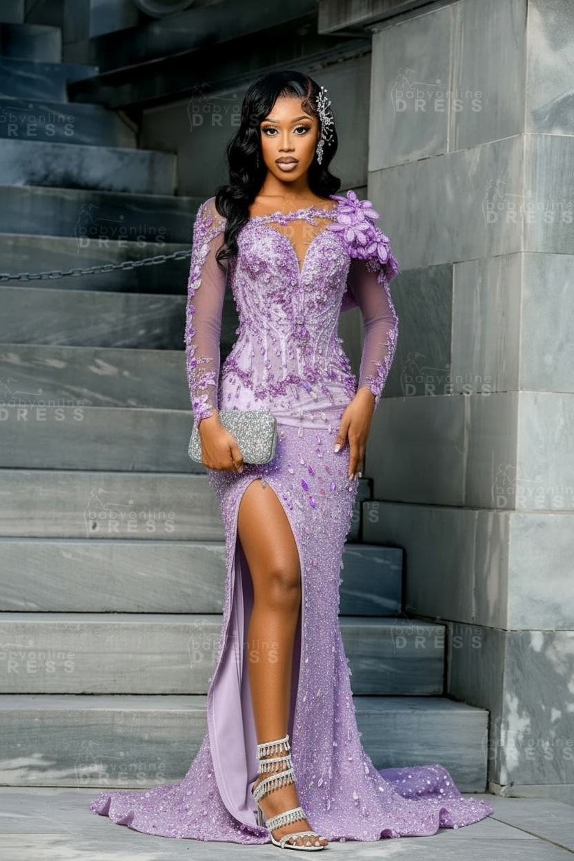 Sparkly Sky Blue Mermaid Prom Dress Beadings Long Sleeves Evening Gown Flowers with High Slit