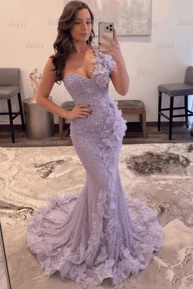 Luxury One Shoulder Sequins Mermaid Prom Dress with Beadings Evening Gown Appliques