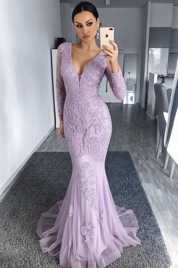 Charming Black Tulle Nude Lining Evening Dresses with Sleeves | Elegant Long Sleeve Beads Appliques Prom Dresses