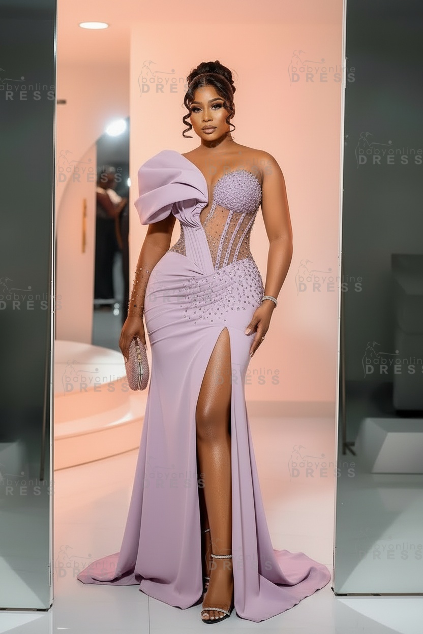 One-Shoulder Long Sleeves Corset Beadings Mermaid Prom Dress with High Split