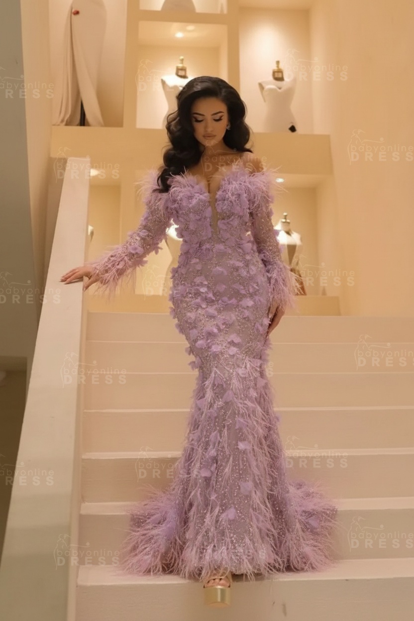V-neck Long Sleeves Mermaid Evening Dresses Floor Length with Flowers