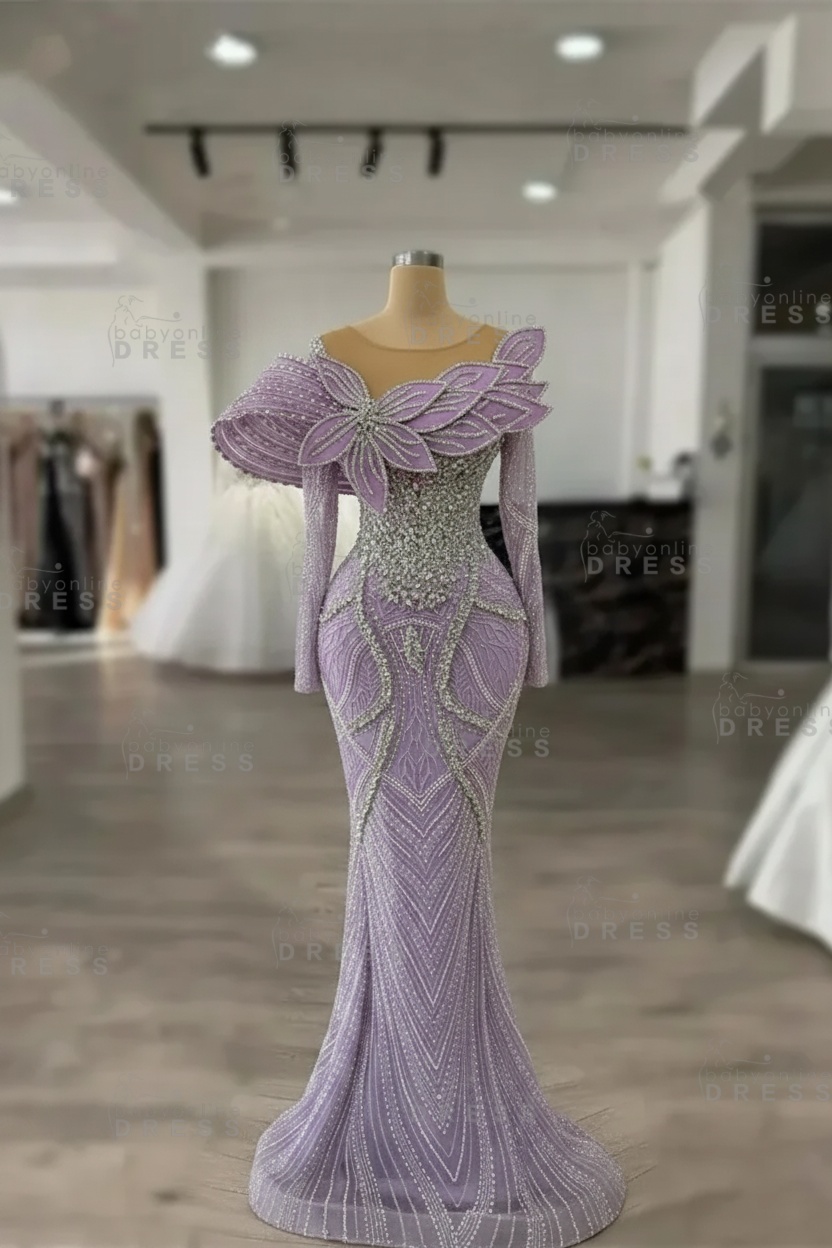 Luxury Crystals Long Sleeves Floor-Length Mermaid Prom Dress with Flowers 