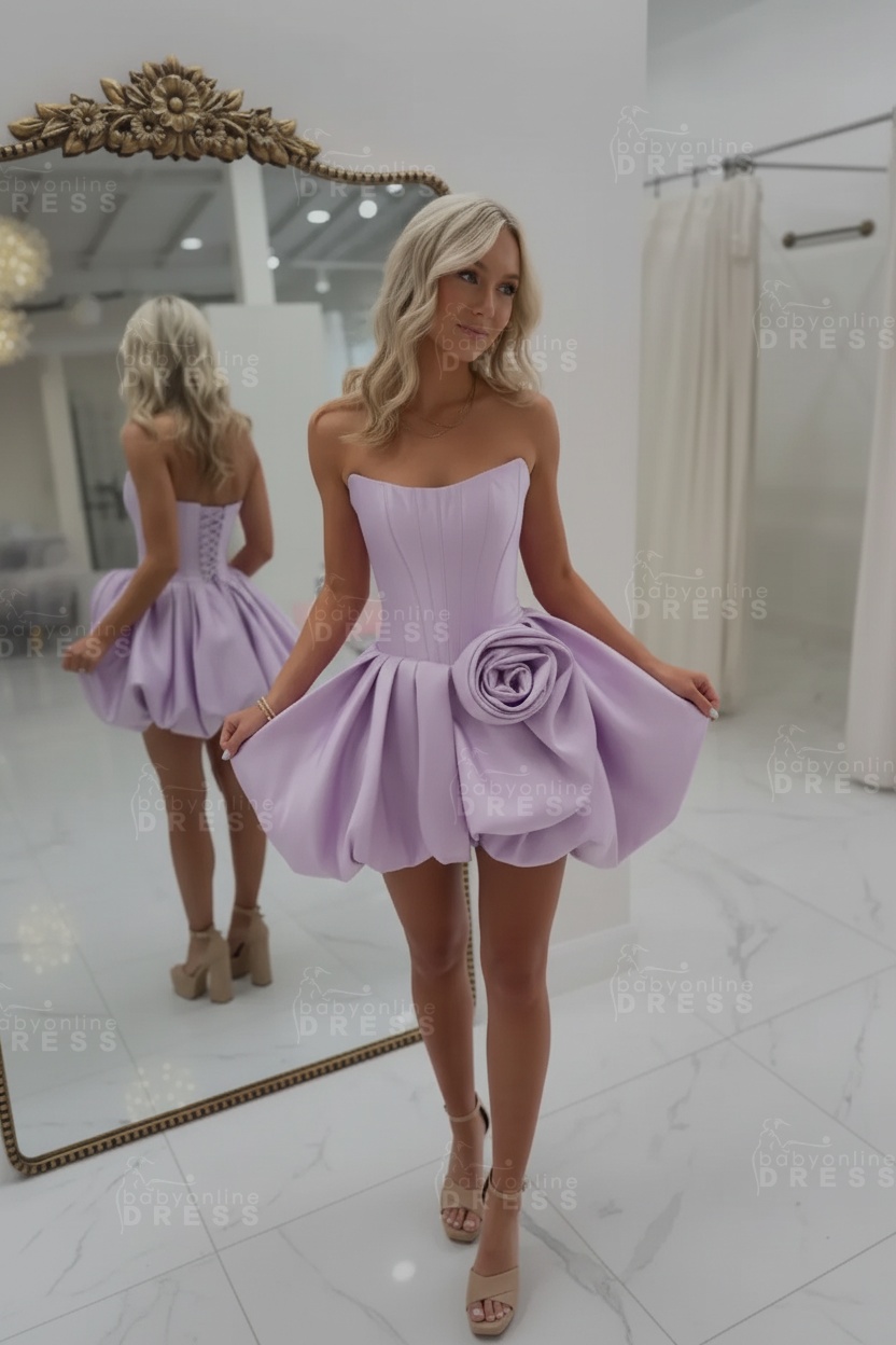 Strapless Satin Corset Short A-Line Homecoming Dress with Flowers