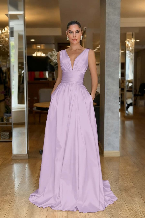 Glamourous Satin Aline Evening Dress Sleeveless V-neck Prom Dress with Ruffles