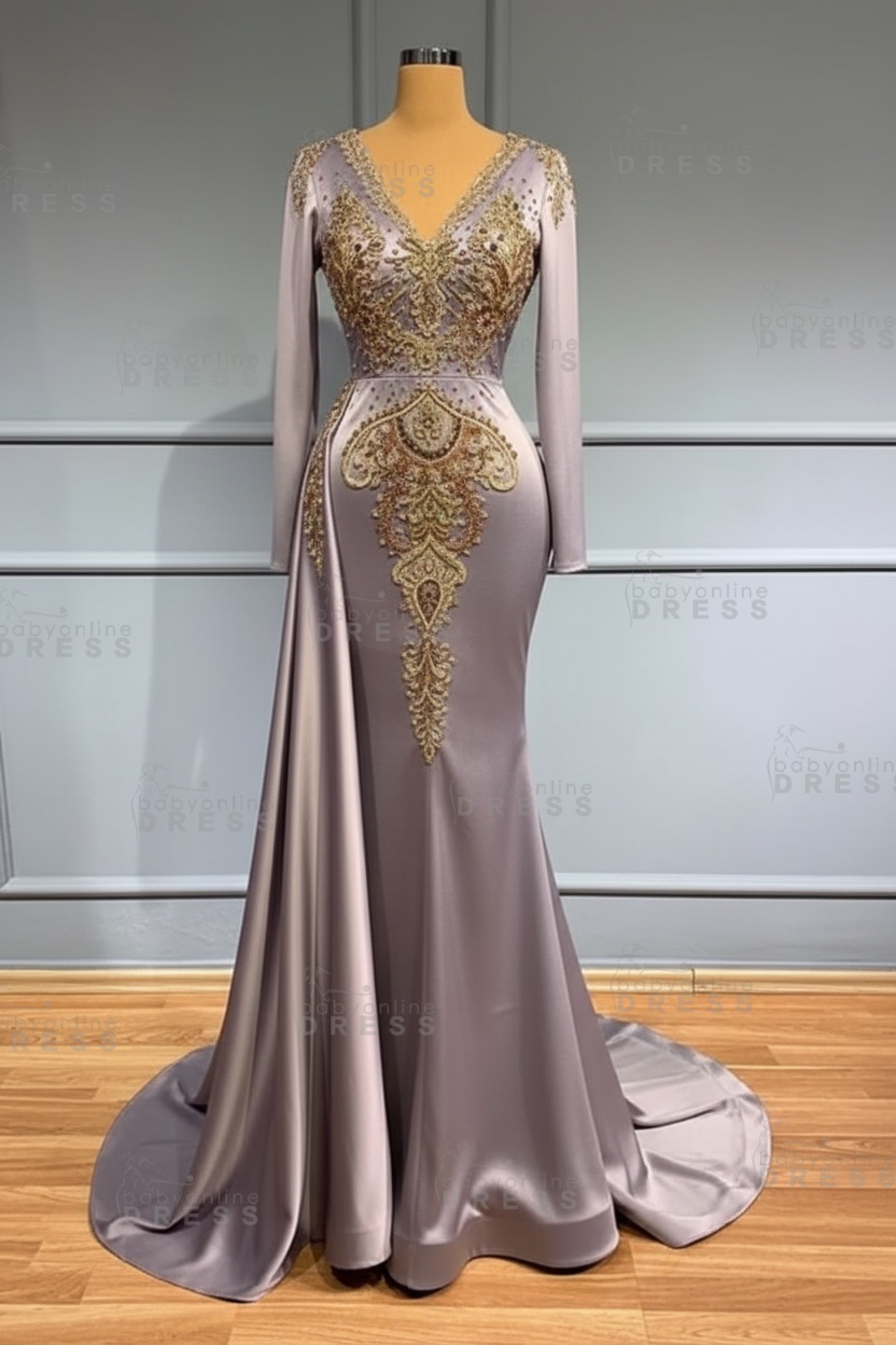Glamorous V-Neck Long Sleeves Mermaid Prom Dress with Crystals