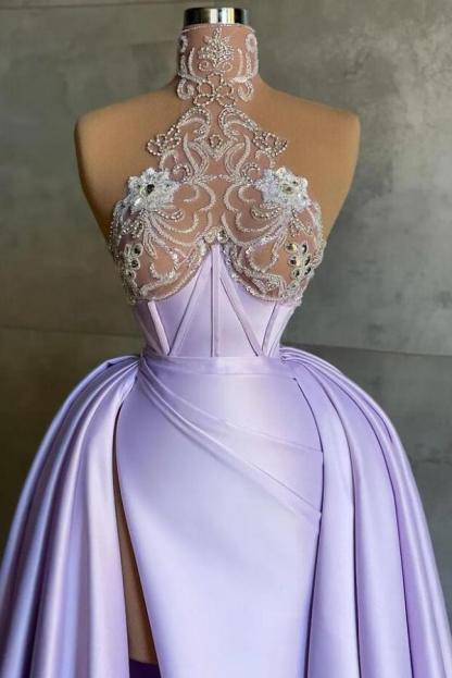 Lilac Strapless Mermaid Satin Overskirt Long Prom Dresses