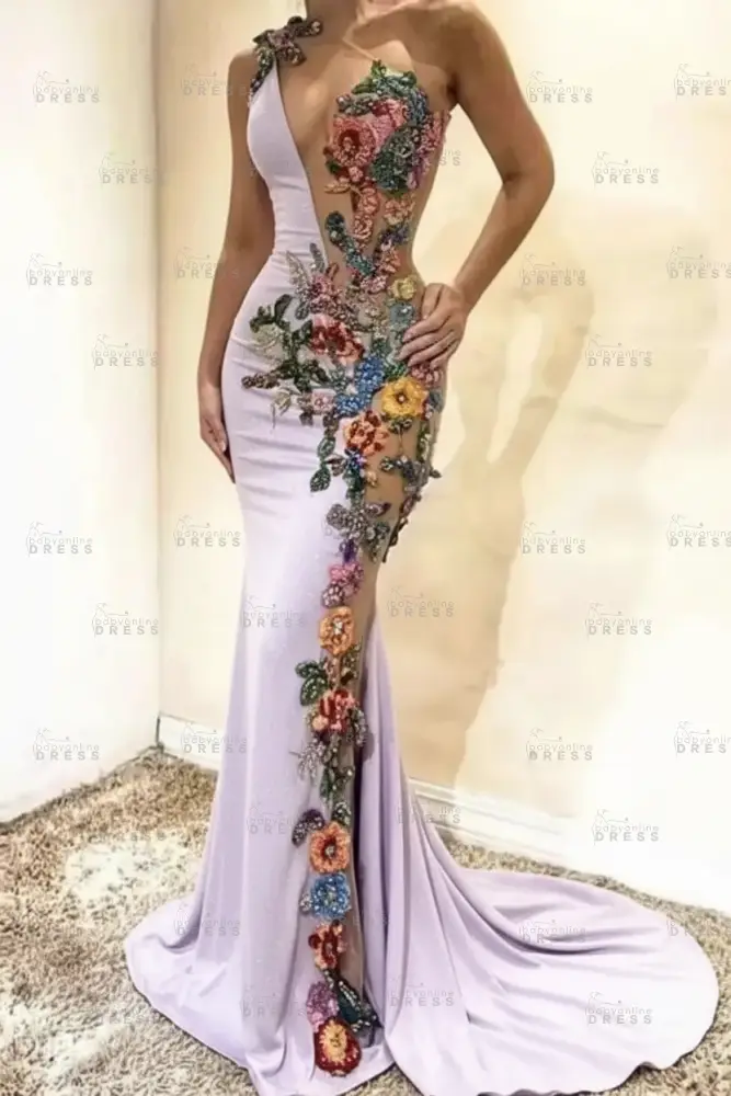 Amazing One-Shoulder Floral Pattern Beadings Floor-Length Mermaid Prom Dress 