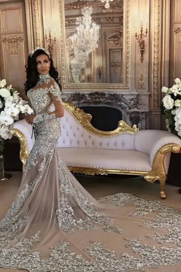Long Sleeve Silver High Neck Lace Mermaid Luxury Wedding Dresses BH-362