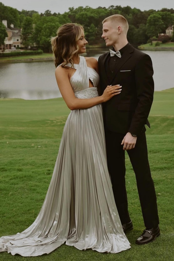 Long Sleeveless Silver Sequin Keyhole Prom Dresses