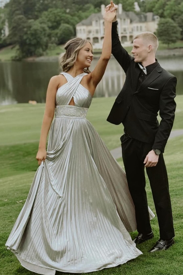 Long Sleeveless Silver Sequin Keyhole Prom Dresses