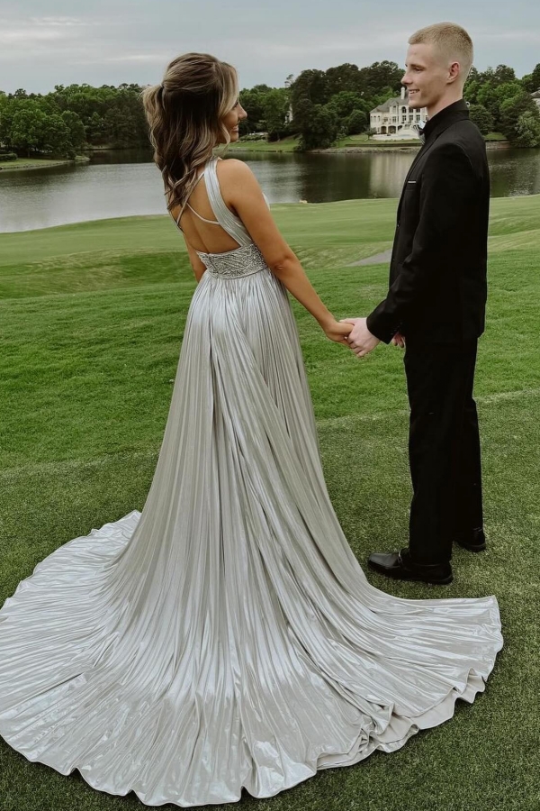 Long Sleeveless Silver Sequin Keyhole Prom Dresses