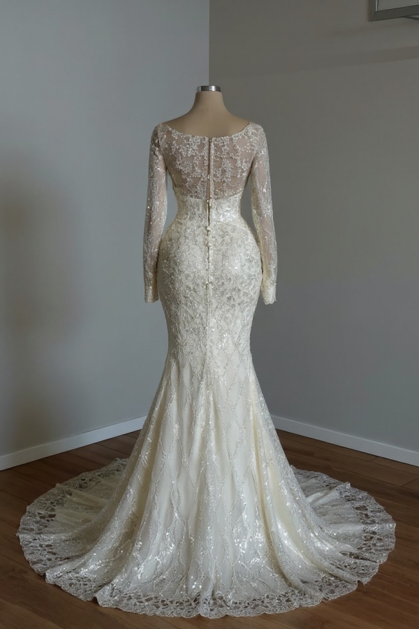 Long sleeves Ivory Mermaid Court Train Lace Wedding Dresses
