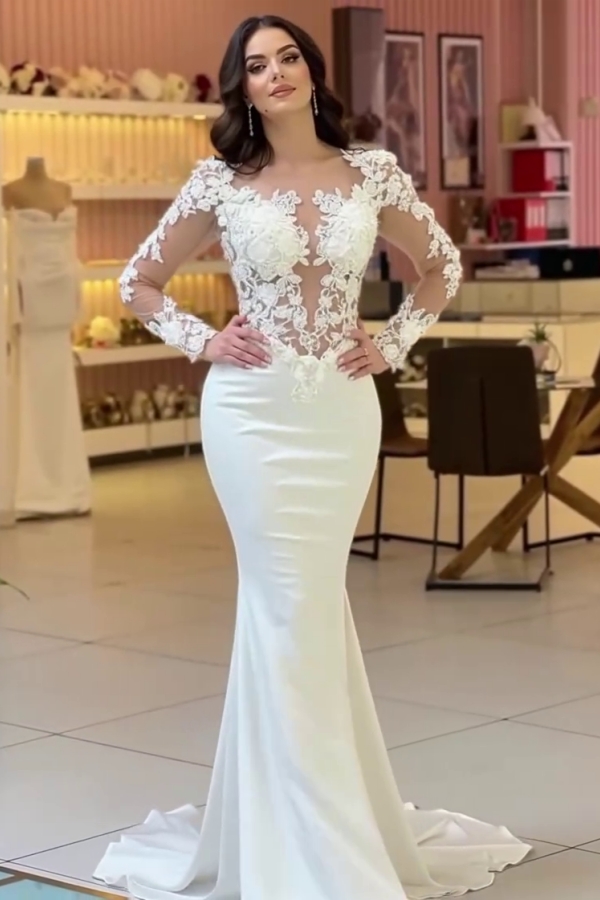 Long sleeves Lace Appliques White Satin Mermaid Wedding Dresses