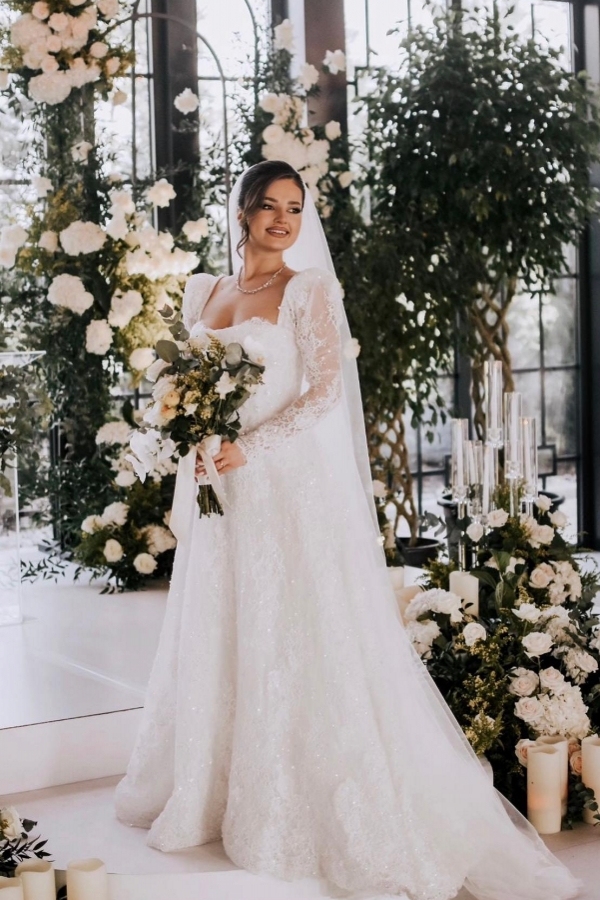 Long sleeves Lace White A-line Floor length Wedding Dresses