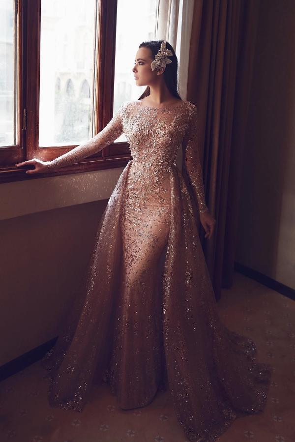  Long sleeves Mermaid Sequin Overskirt Prom Dresses