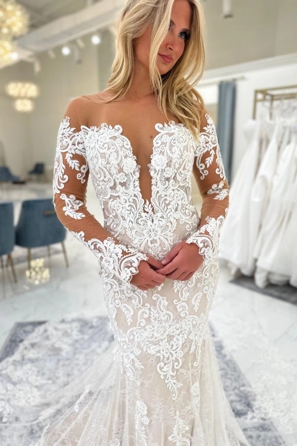 Off-the-Shoulder Ivory Lace Mermaid Wedding Dress Long Sleeves with Train-Babyonlinewholesale