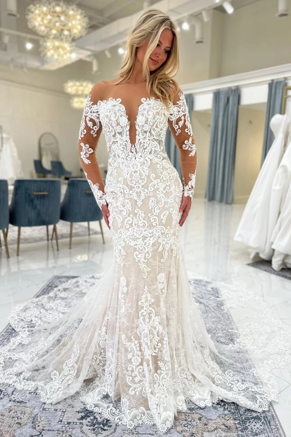 Off-the-Shoulder Ivory Lace Mermaid Wedding Dress Long Sleeves with Train-Babyonlinewholesale