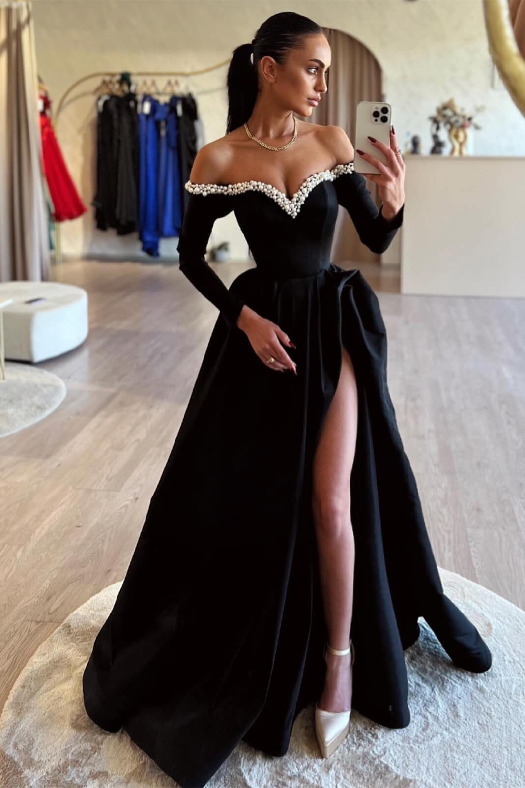 Long sleeves Pearls A-line Princess Front Split Black Prom Dresses