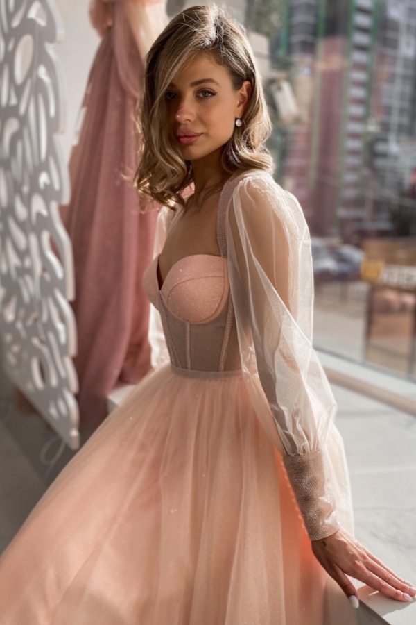 Long sleeves Pink See through Tulle Homecoming Dresses