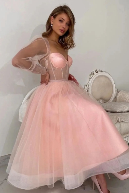 Long sleeves Pink See through Tulle Homecoming Dresses