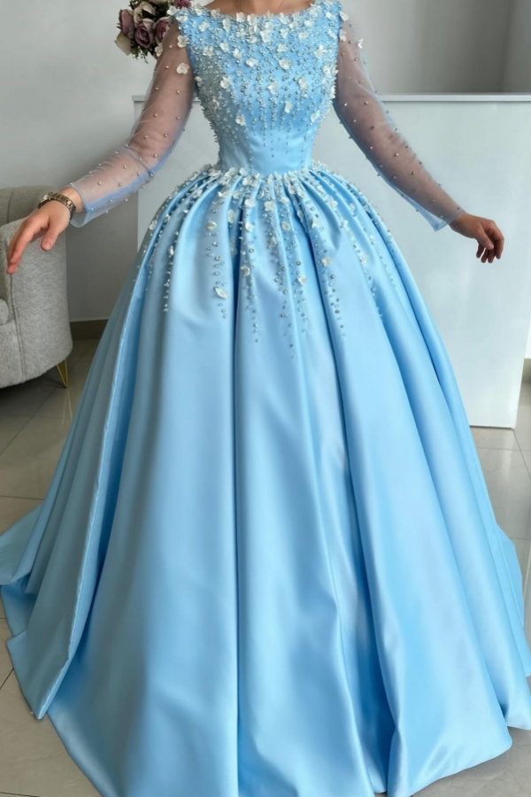 Long sleeves Sky Blue Ball Gown Satin Prom Dresses