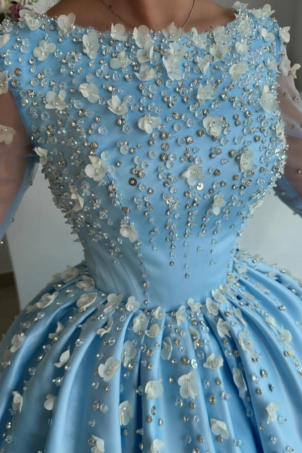 Long sleeves Sky Blue Ball Gown Satin Prom Dresses