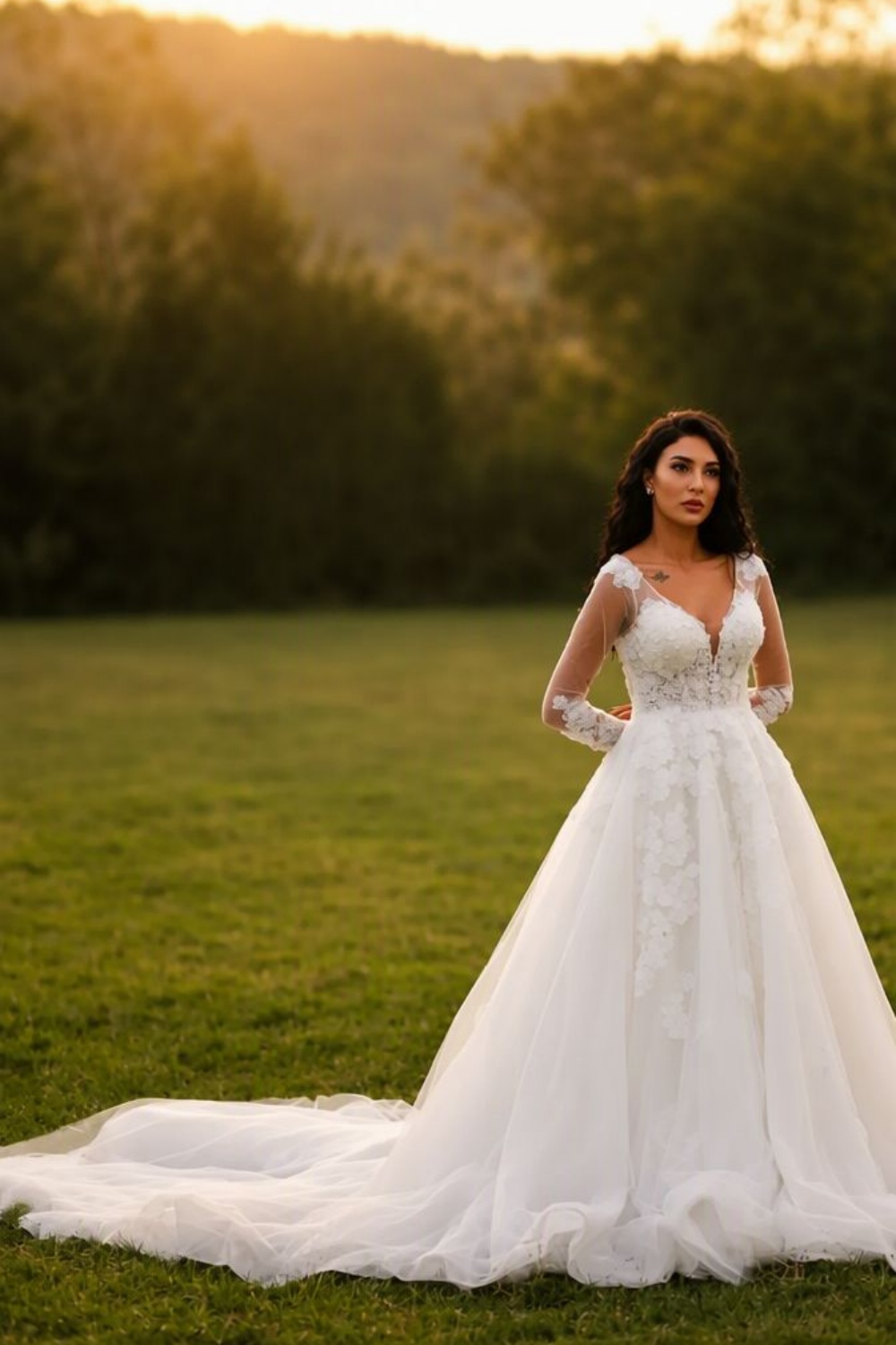 Long sleeves V-neck A-line Princess Wedding Dresses with Lace Appliques