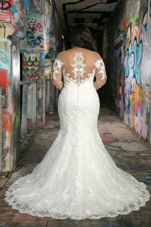 Long sleeves V-neck Plus size Mermaid Bridal gowns for Wedding