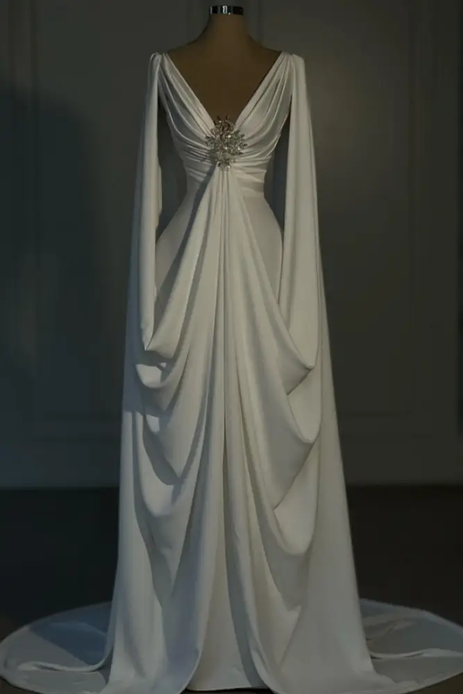 Long sleeves V-neck Satin Ruffles Ivory Prom Dresses